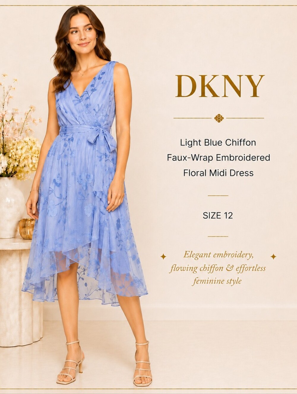 DKNY Elegant Embroidered Belted Faux Wrap Floral Midi Dress Light Blue | Size 12